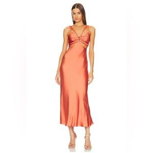 Josette Satin Cutout Draped Midi dress in Coral by Jonathan Simkhai